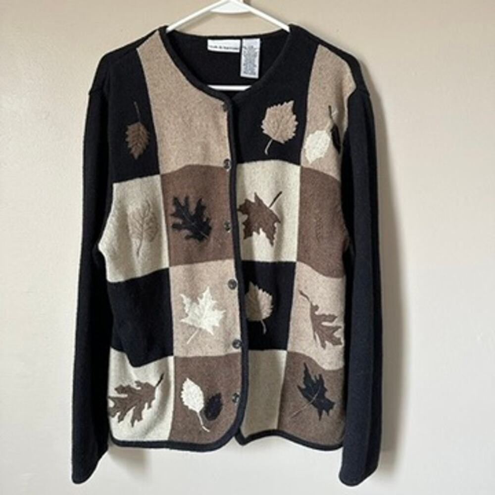 Croft Barrow Cardigan Sweater LARGE Embroidered Fall Leaves Cottage Grandma